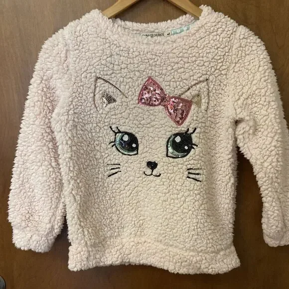 Adorable PINK CAT FACE Fleece Pullover Top Girls Large Chance or Fate EUC - Picture 1 of 5